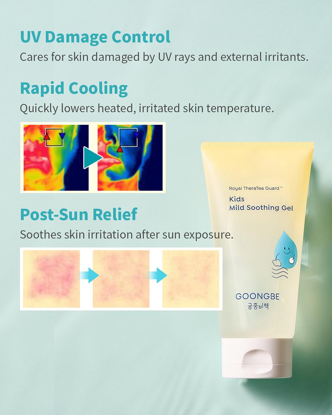 GOONGBE Kids' Mild Soothing Gel - Korean Kids After Sun Care Quick Soothing for Face and Body - Redness Relief Moisturizing Gel with Cica and Hyaluronic Acid - Allergen Free Scent, 5.07 fl.oz.