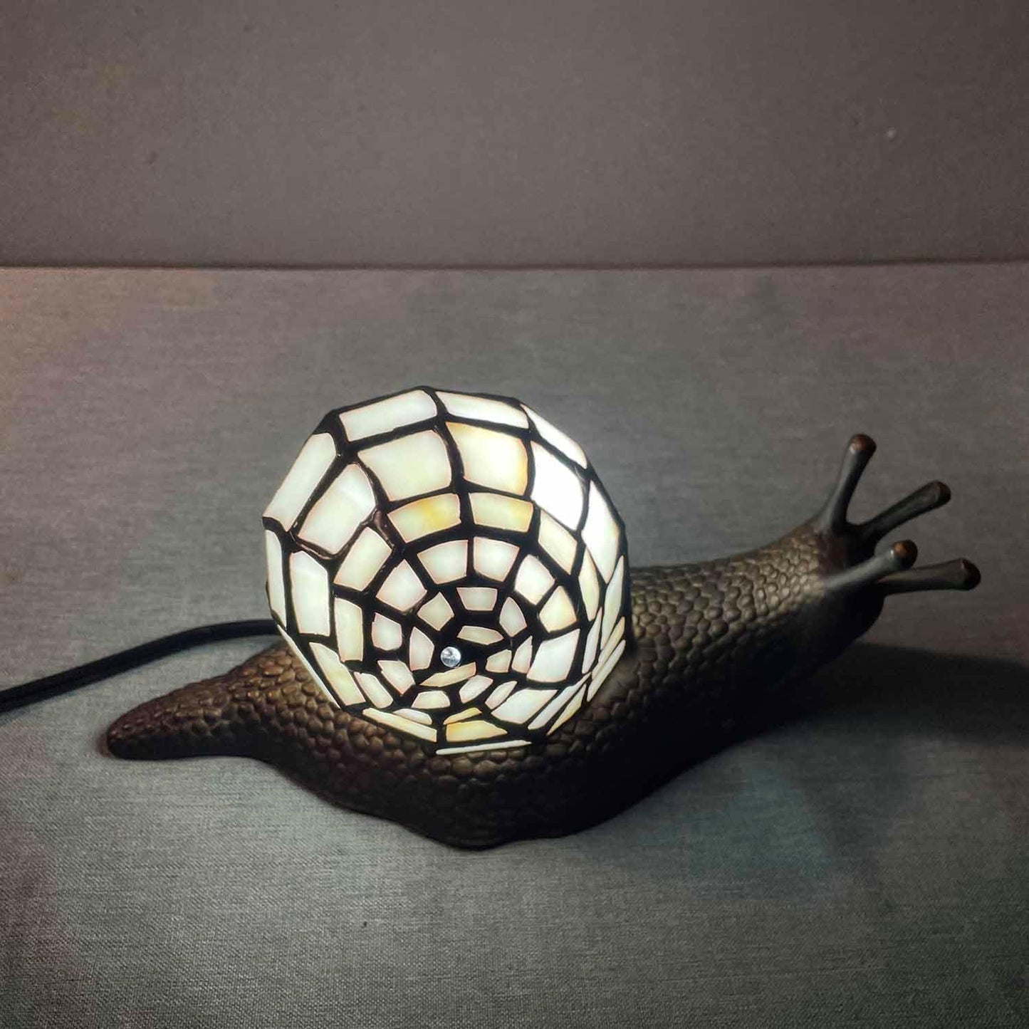 Bieye L10988 Land Snail Tiffany Style Stained Glass Accent Table Lamp for Home Decoration (White, 10" D x 5" W x 5" H)