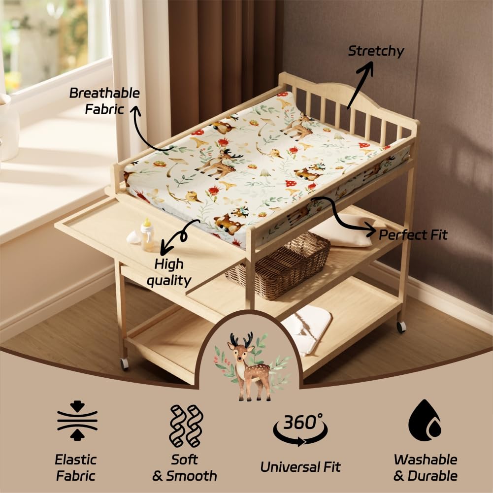 4 Pack Changing Pad Covers Woodland Forest Animals Wood Neutral Unisex Fitted Baby Changing Pad Cover Set for Baby Boys or Girls (Beer)