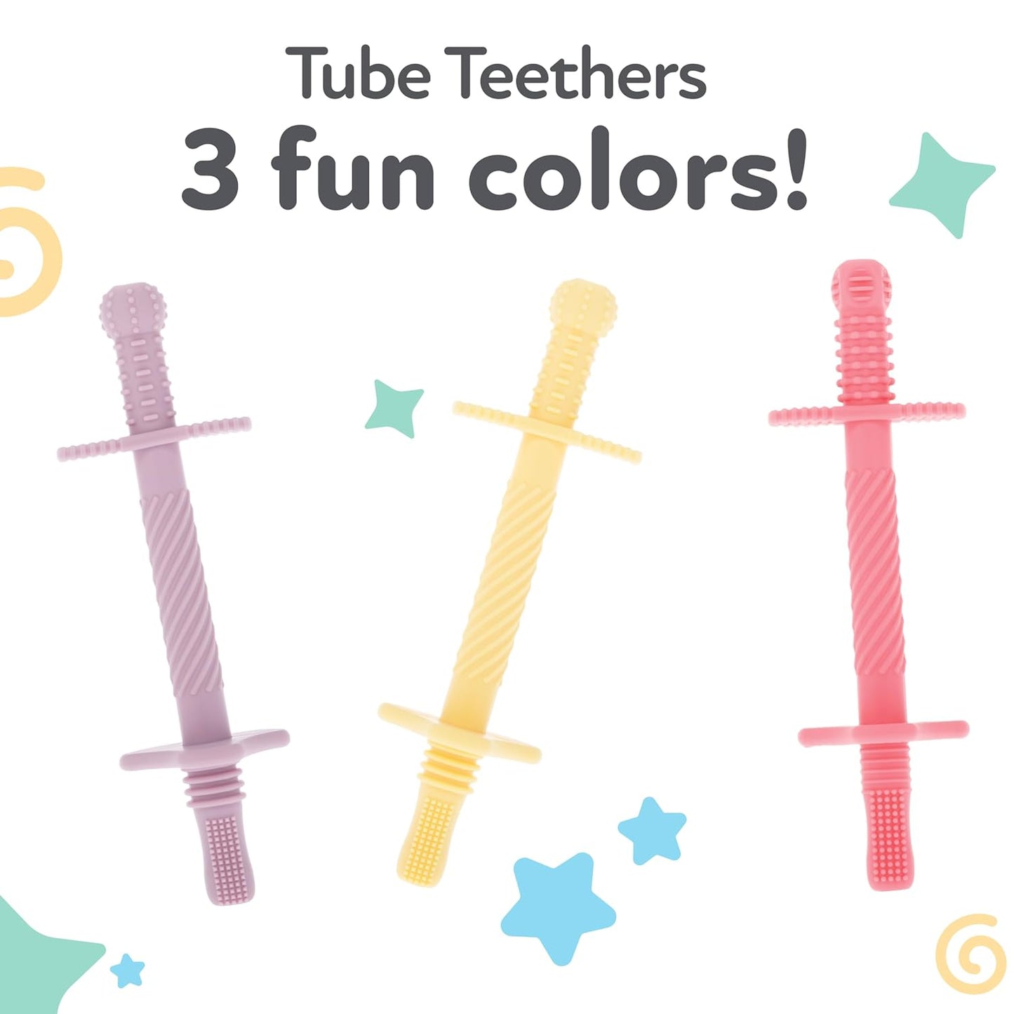 Nuby Sensory Silicone Tube Teethers - (3 Pack) Textured Infant and Baby Teether Toys - 3+ Months - Purple, Pink, and Yellow
