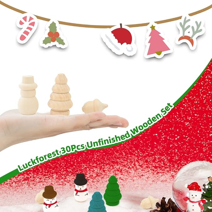 30Pcs Unfinished Wooden Set, Snowman Dolls Craft Christmas Tree Acorns Blank