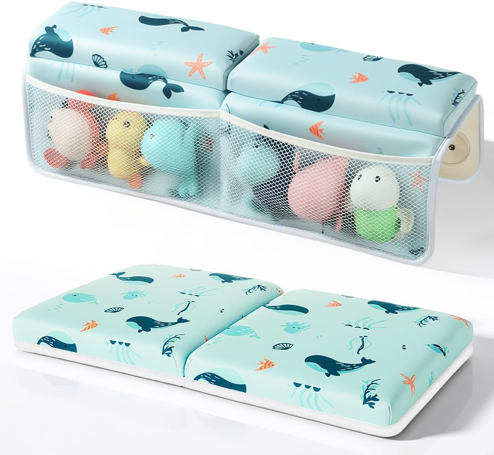 SKEFOLI Baby Bath Kneeler and Elbow Rest Pad Set,1.5" Thick Baby Bath Kneeler Pads with Toys Organizer, Pads to Support The Arm, Essentials, Ideal Kneeling Pad for Bathing