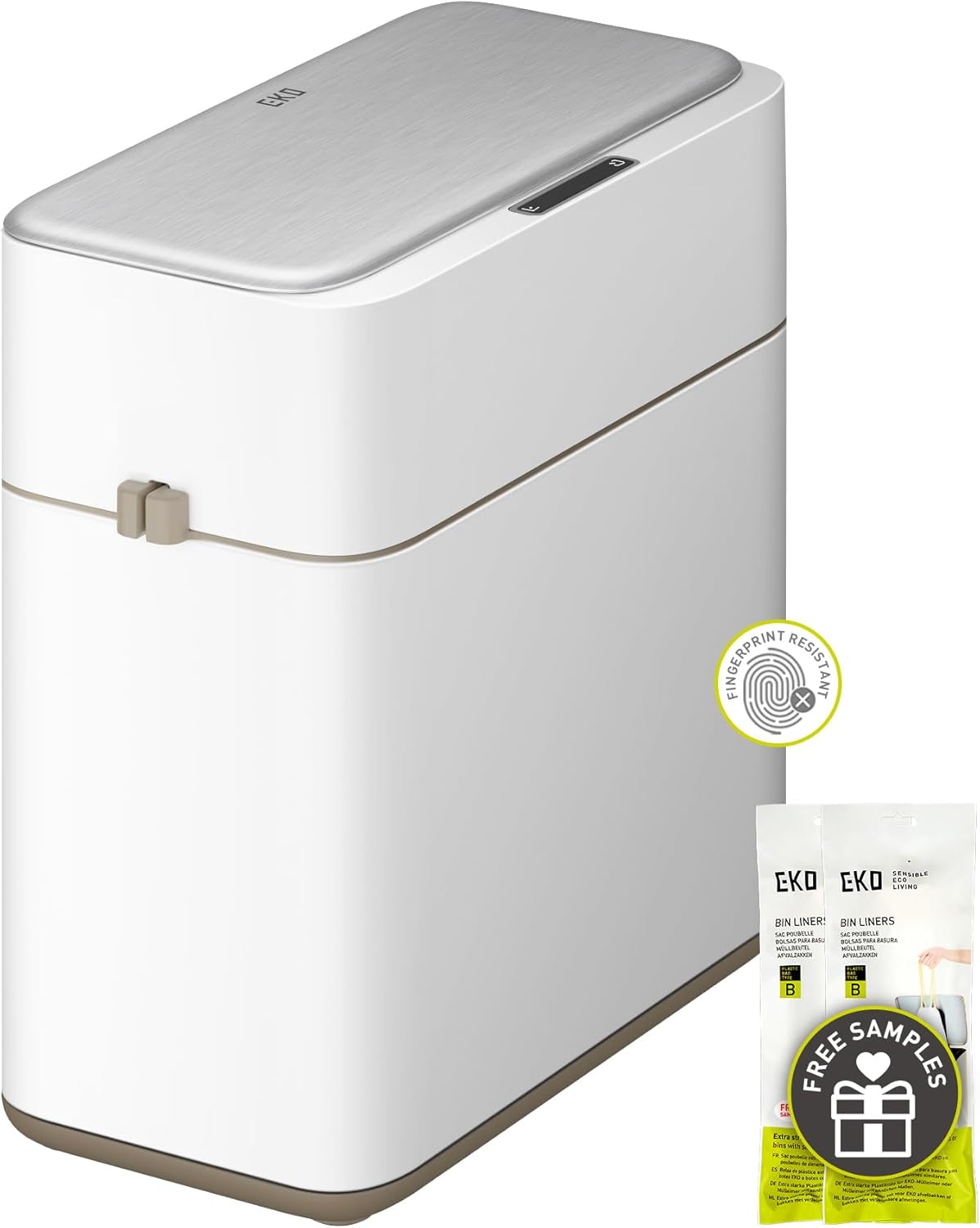 EKO Automatic Bathroom Trash Can with Lid, 2.1 Gallon Touchless Garbage Bin with Removable Bucket, Slim Stainless Steel Garbage Bin, Motion Sensor Trash Can for Bathroom, Bedroom, Office, White