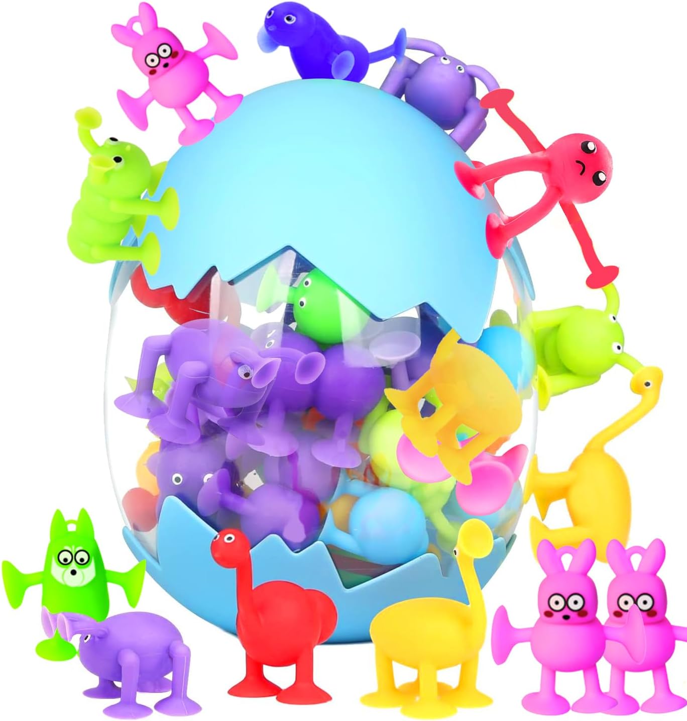 Bath Toys for Kids Toddlers Suction Cup Toys Animals Suction Sensory Toys Family Game Preschool Window Travel Toy Set - 40pcs Large Egg Container