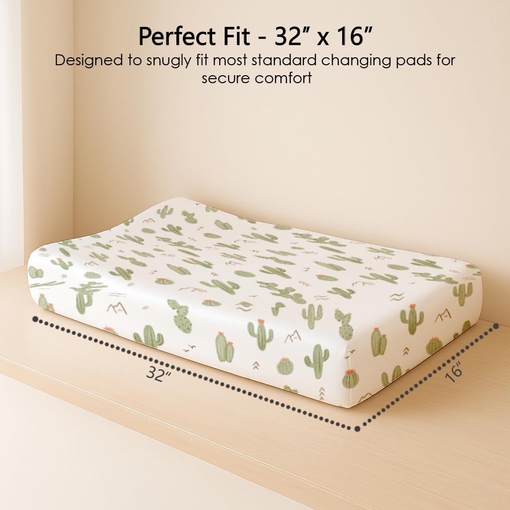 Changing Pad Cover for Baby Boys Girls 2 Pack, Fits Standard 32”×16” Changing Table Pads, Silky Breathable Stretch Knit, Machine Washable (Cactus Cozy)