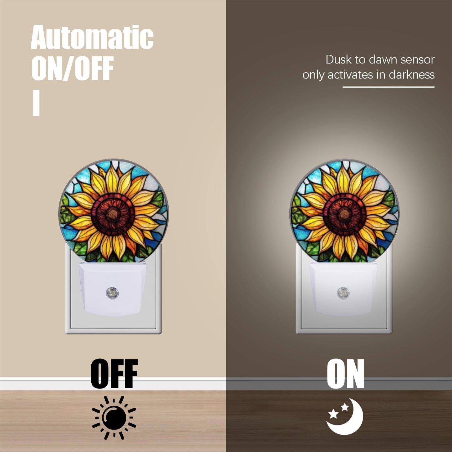 Round LED Night Lights Lamp with Dusk to Dawn Sensor, Yellow Sunflower in The Center Night Light Plug Into Wall for Kids Room, Bedroom, Bathroom, Kitchen, Hallway