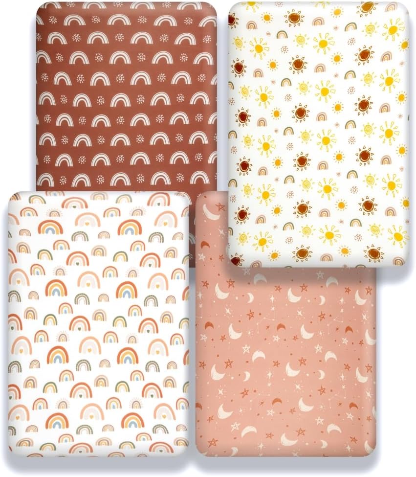 4 Pack Crib Sheets Boho Nursery Sheets Sunshine and Rainbow Desdign Neutral Unisex Fitted Baby Standard Crib Sheets for Baby Boys or Girls (Crib Sheets)