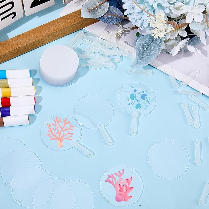 50Pcs Small Fan Blanks Round Plastic Hand Fan Bulk Summer Clear Transparent