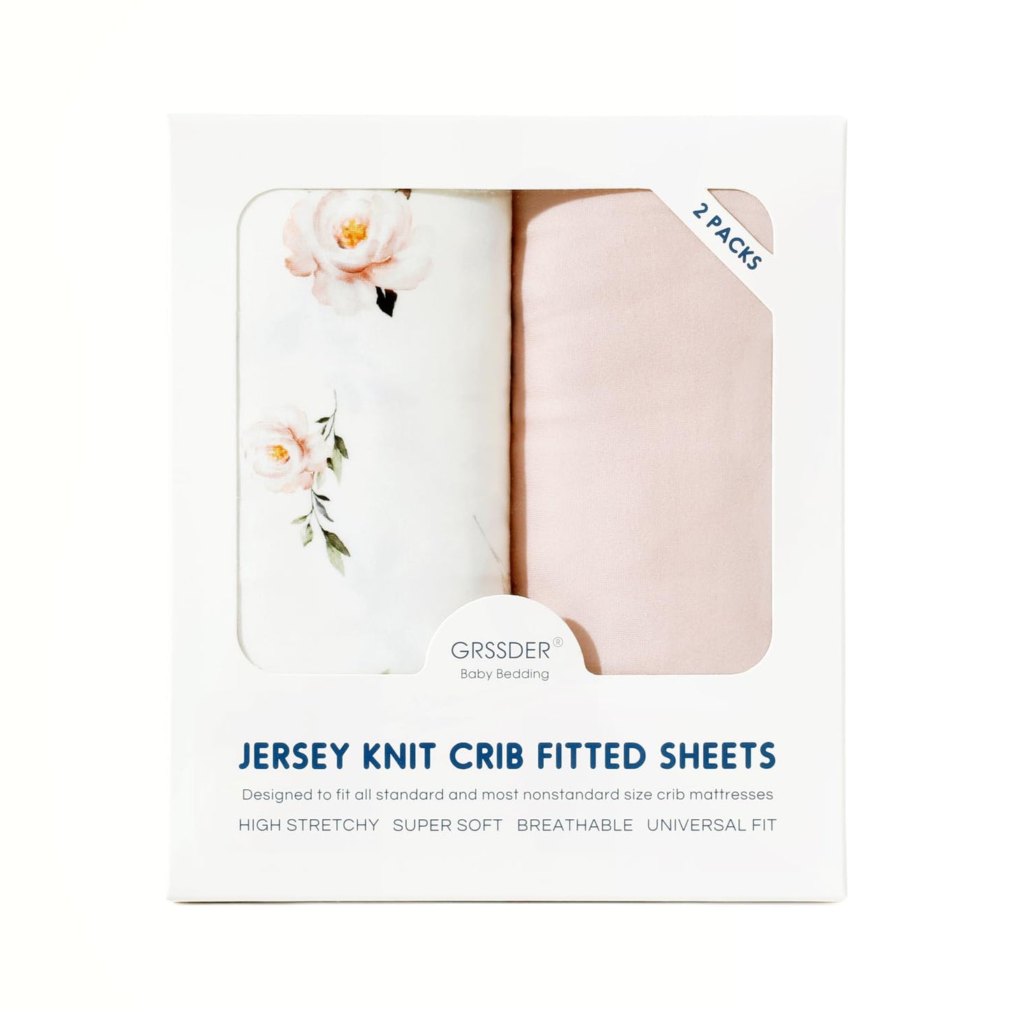 GRSSDER Stretch Ultra Soft Jersey Knit Fitted Crib Sheets Set 2 Pack, Universal Fitted Most Crib Mattress Pads Safe and Snug, Breathable Crib Fitted Sheet for Baby, Pink Rose Print