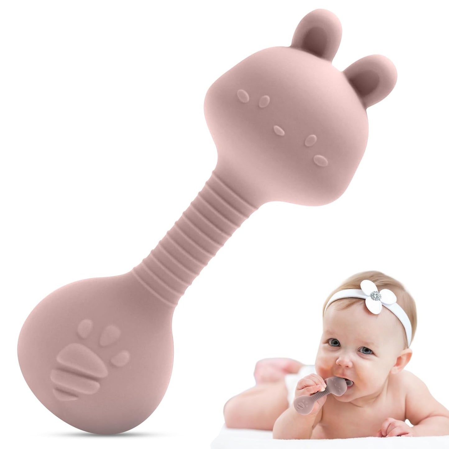 Silicone Rattle Teether for Babies – Soft BPA-Free Teething Toy & Sensory Rattle – 100% Food Grade Silicone, CPC Certified – Soothing Relief for Infants & Toddlers (Rabbit - Pink)