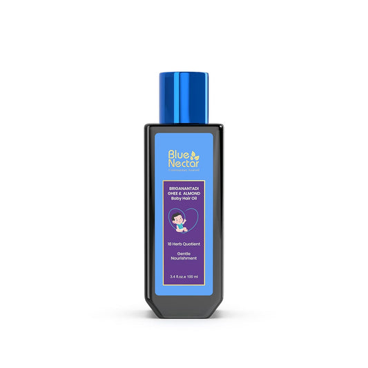 Blue Nectar Ayurvedic Baby Hair Oil with Organic Ghee, Almond Oil, Coconut Oil & Olive Oil for Hair and Scalp(18 Herbs, 3.38 Fl Oz)