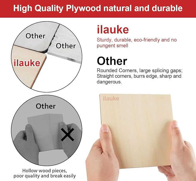 ilauke Wood Squares 4x4 Inch, Laser Cutting, Wood Burning, Scrabble Tiles