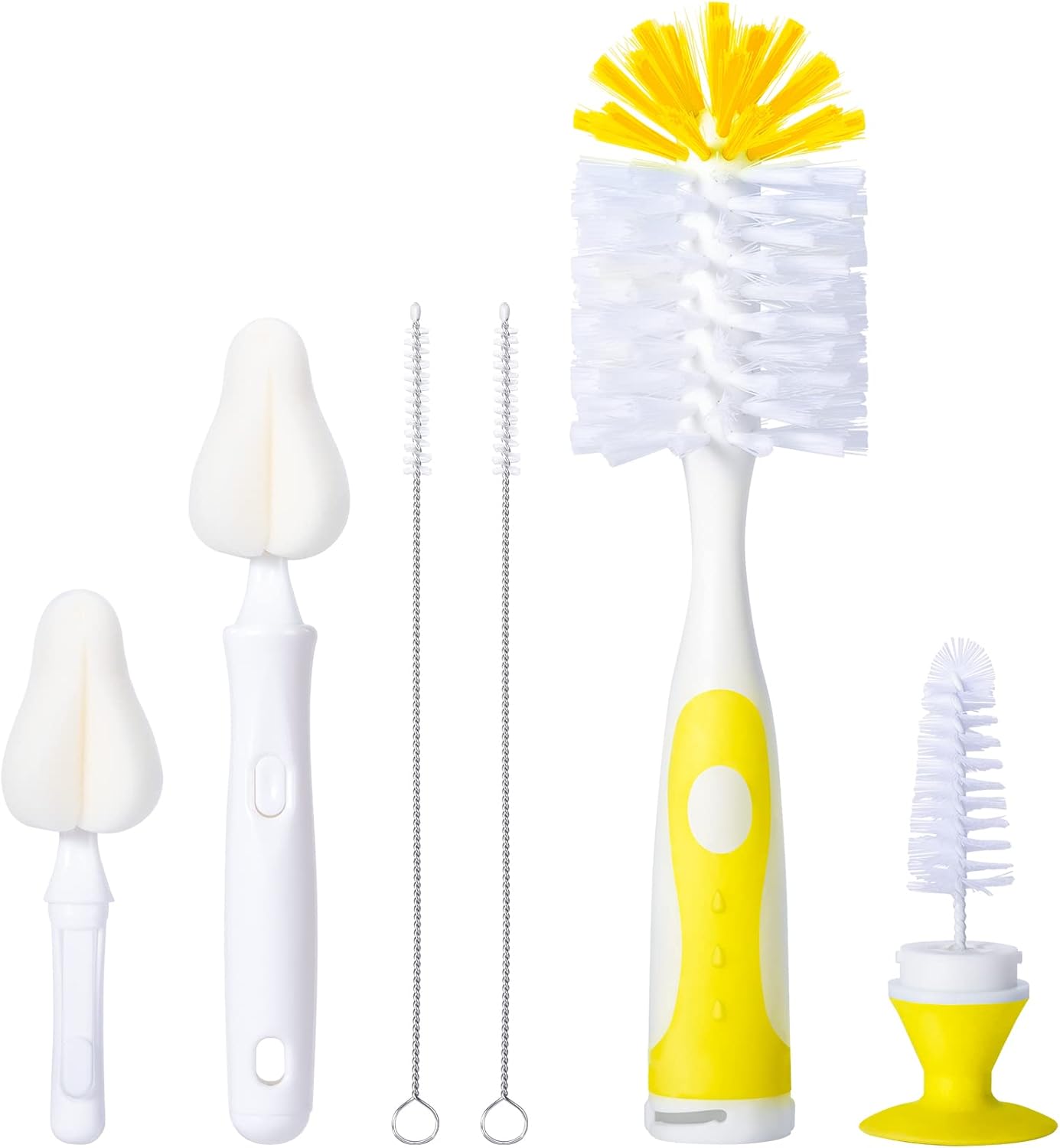 Baby Bottle Brush Set with Nipple Cleaner and Suction, 10.2" Cleaning Brush and 6.5" Sponge Bottle Brush with A Replacement Brush Head and Two 6.7" Straw Brushes, Pack of 5 (Yellow)