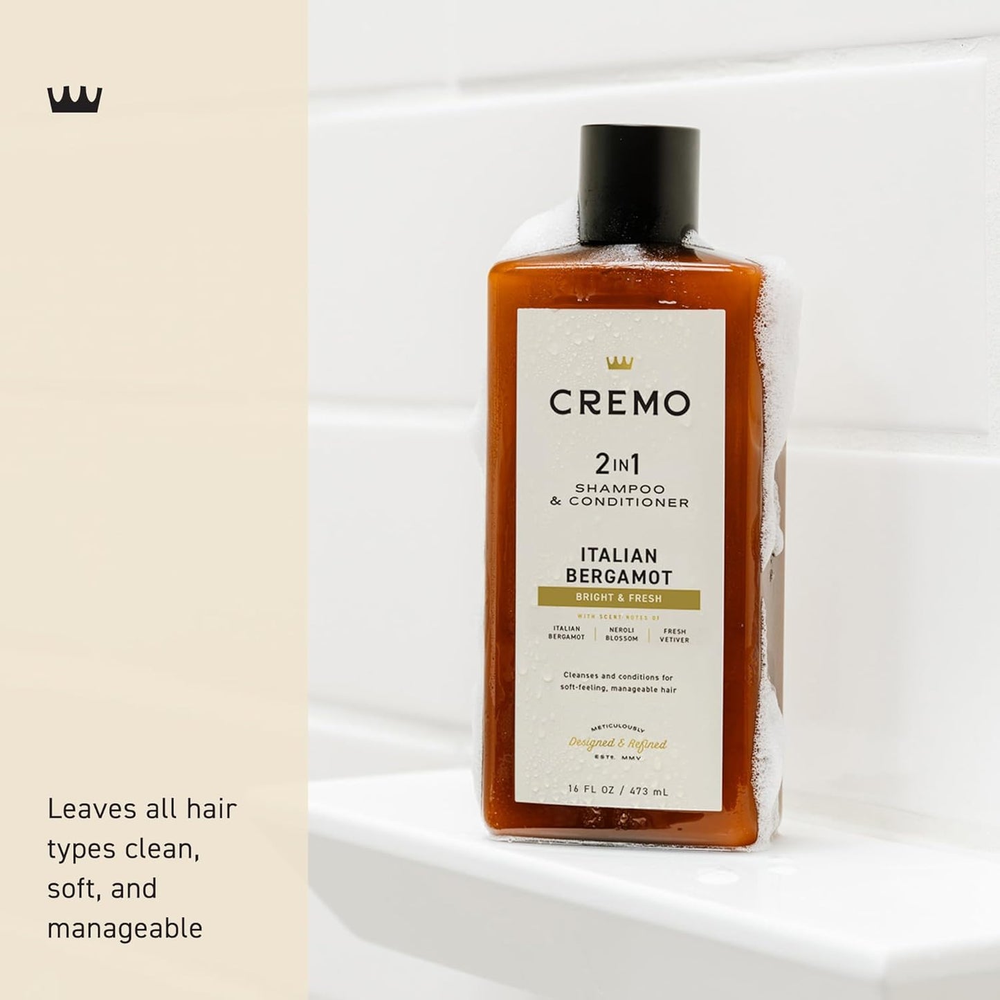 Cremo Italian Bergamot 2 in 1 Shampoo & Conditioner for Men, Notes of Italian Bergamot, Neroli Blossom, and Fresh Vetiver, 16 Fl Oz