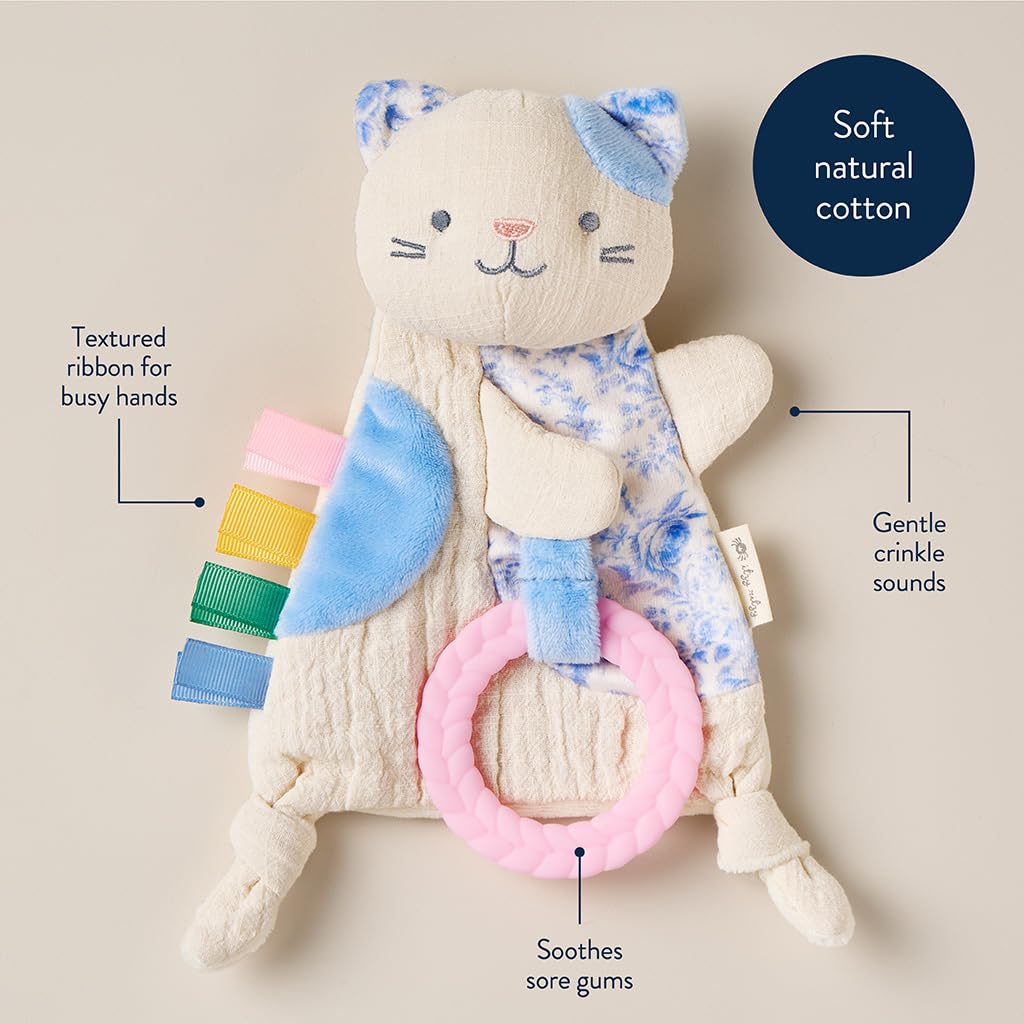 Itzy Ritzy - Bitzy Crinkle Sensory Toy Kitty with Crinkle Sound for Babies & Toddlers - Features Soft Braided Teething Ring & Textured Ribbons, Designed for Ages 0 Months and Up, Kitty