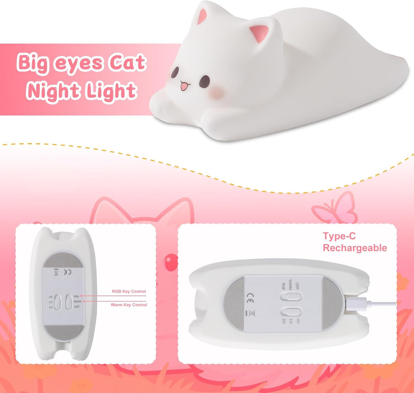 ZKLiLi Night Light for Kids Lamp, 16 Colors Cat Lamp Cute Lamp, Dimmable Baby Night Lights for Nursery,Silicone Rechargeable Nightlight for Kids Room, Kawaii Room Decor Cat Decor,Cute Gifts for Girls
