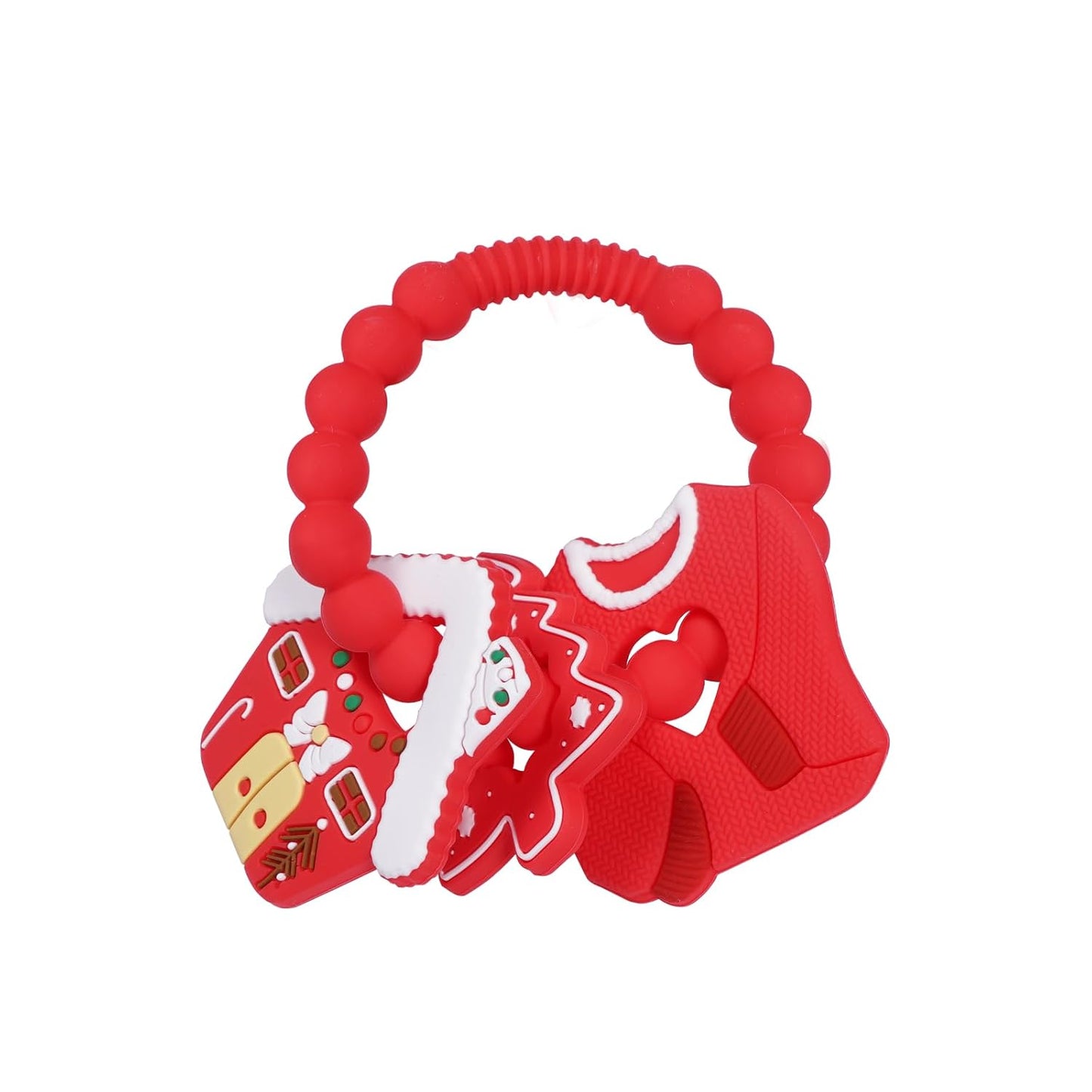 Baby Silicone Christmas Ring Toy,Food Grade Silicone Chew Toys for 0-6,6-12,12-18 Months Newborns,Infants,Toddlers Teething Relief,Safe and Soft,BPA Free,Baby Essentials. (Red)