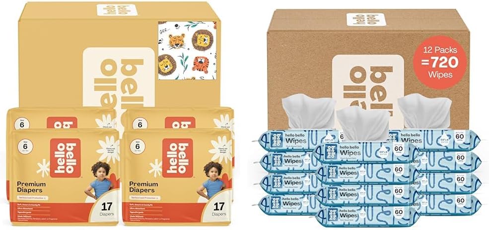 Hello Bello Diapers, Size 6 (35 lbs) Wild Cats, 68 Count Value Pack of Premium Disposable Baby Diapers, Hypoallergenic with Soft, Cloth-Like Feel + Extra Gentle Unscented Baby Wipes, 720 Count