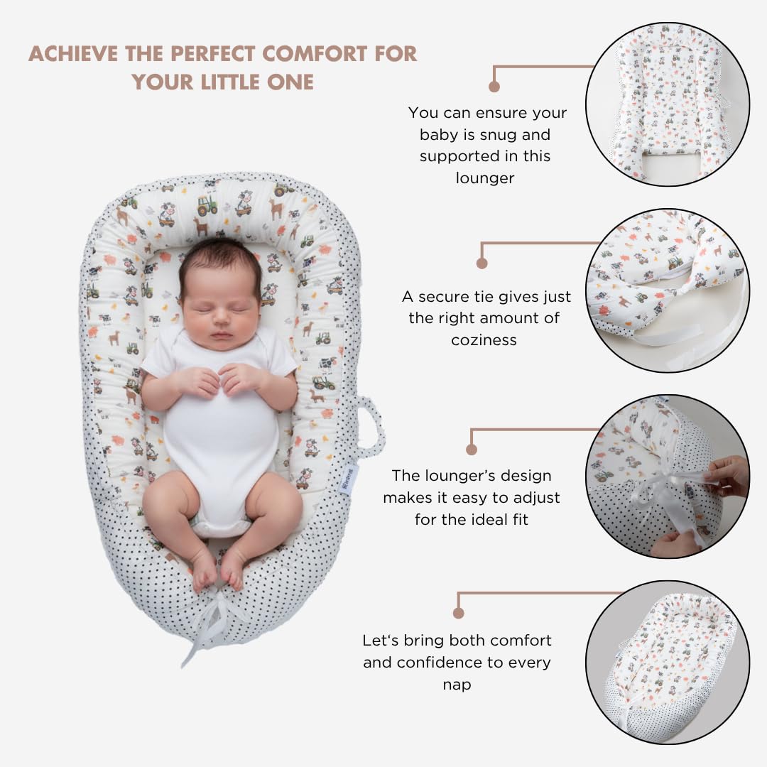TKC Baby Lounger 0-24 Months | Adjustable Infant Lounger | Breathable Organic Cotton Cover | Reversible Farm Animal Pattern | Includes Matching Swaddle Blanket | Portable Baby Nest