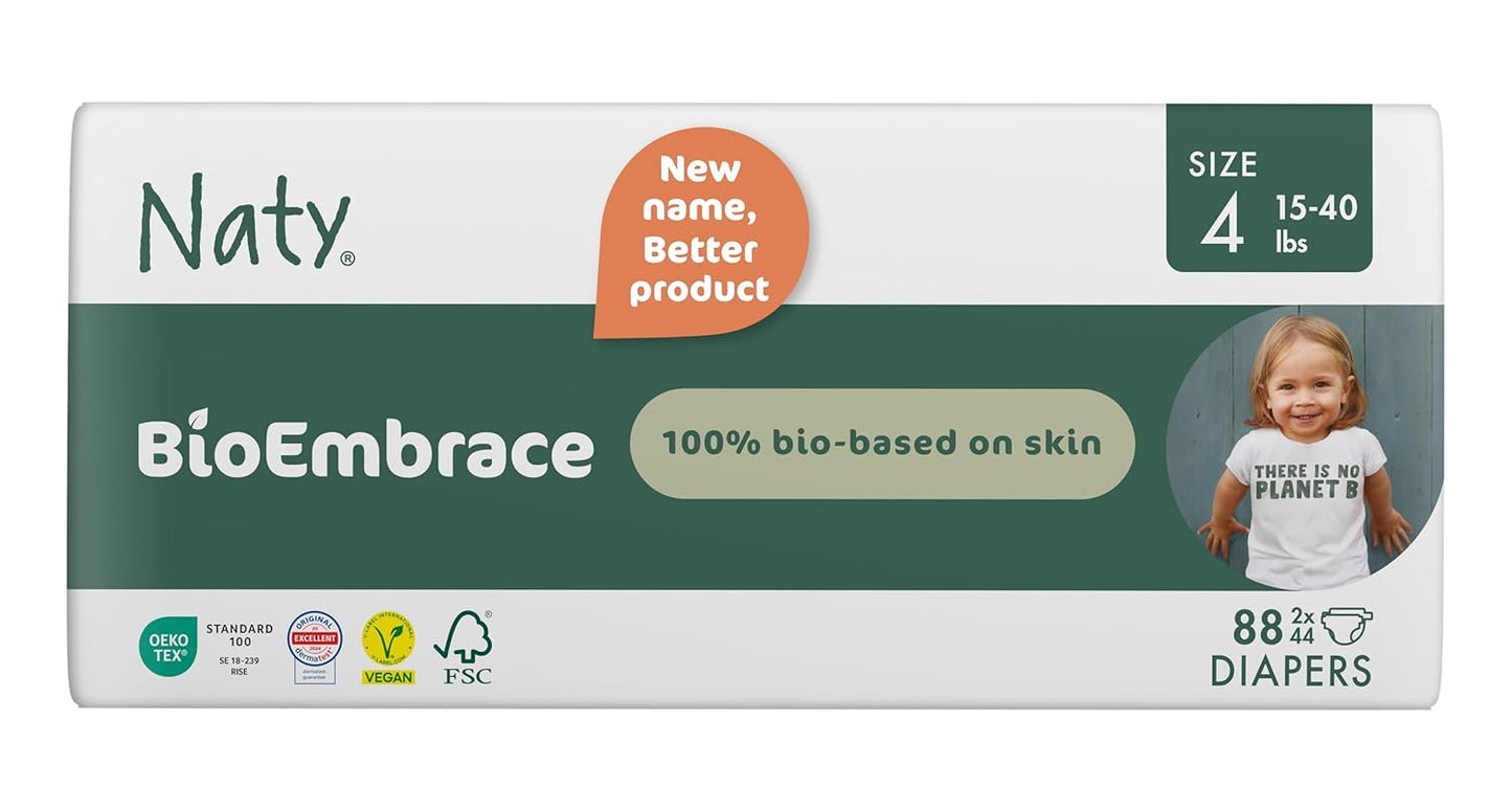 Naty BioEmbrace Baby Diapers Size 4 (15–40 lbs) | 100% Biobased on Skin | Plant-Based Softness | Dermatologically Tested, Super Absorbent | 88 Count