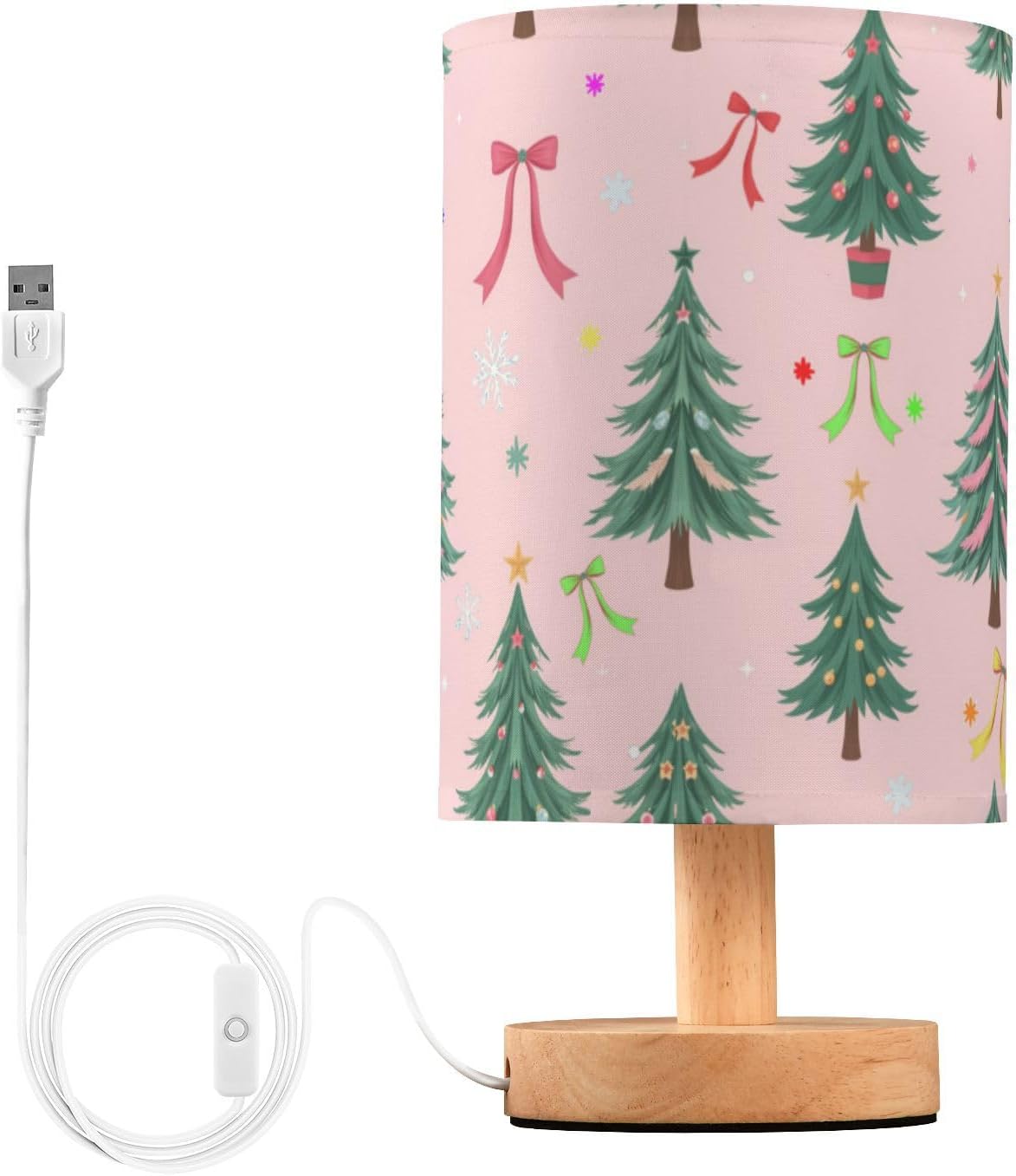 Christmas Trees Pink Bow Table Lamp Bedroom Bedside Night Reading Desk Lamps Cylinder Nightstand Sleeping Light Lamp for Xmas Party Living Room Office Decor