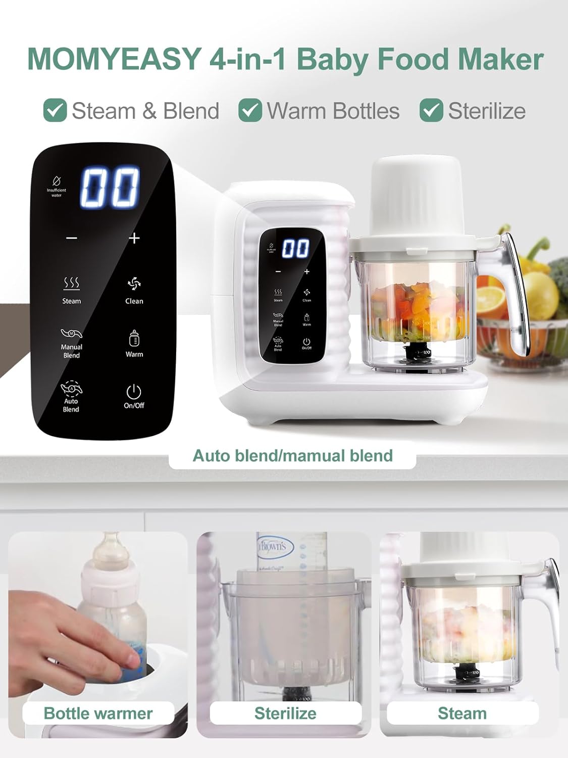 MOMYEASY Baby Food Maker, Multifunction Processor Chopper Grinder, Baby Food Steamer and Puree Blender in-One, with Bottle Warmer, Auto Cooking & Grinding with Touch Control Panel