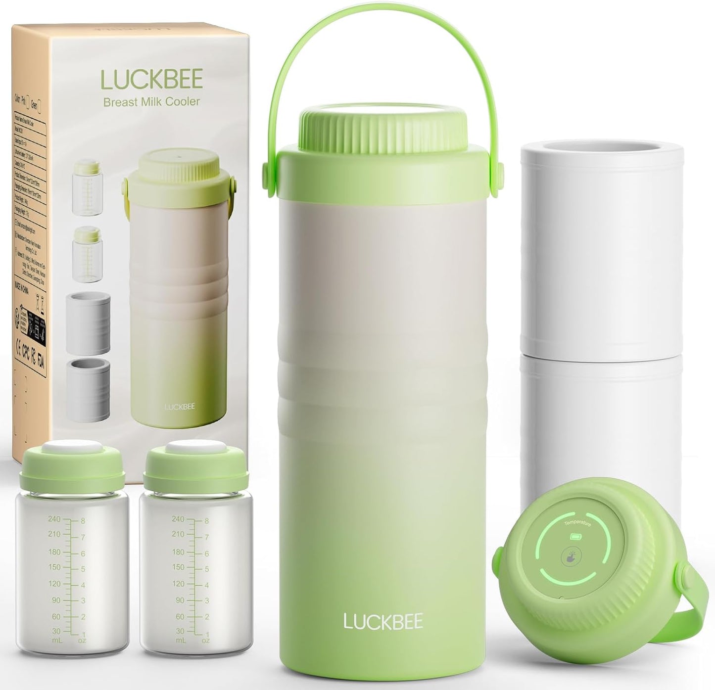 LUCKBEE Portable Breastmilk Cooler - 16oz Breast Milk Cooler Bottle with LCD Temp Display Cooling up to 24 Hours, Breastmilk Chiller with 2pcs Milk Storage Bottles, Breastfeeding Essentials for Baby