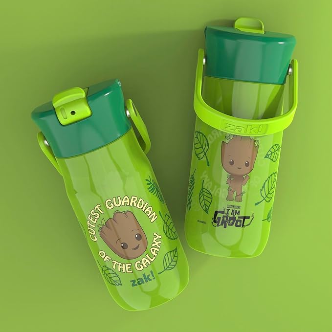 Zak Designs Harmony Marvel Groot Water Bottle for Travel or At Home, 18oz Recycled Plastic is Leak-Proof When Closed with Straw Lid and Carry Handle, 2-Pack (Groot)