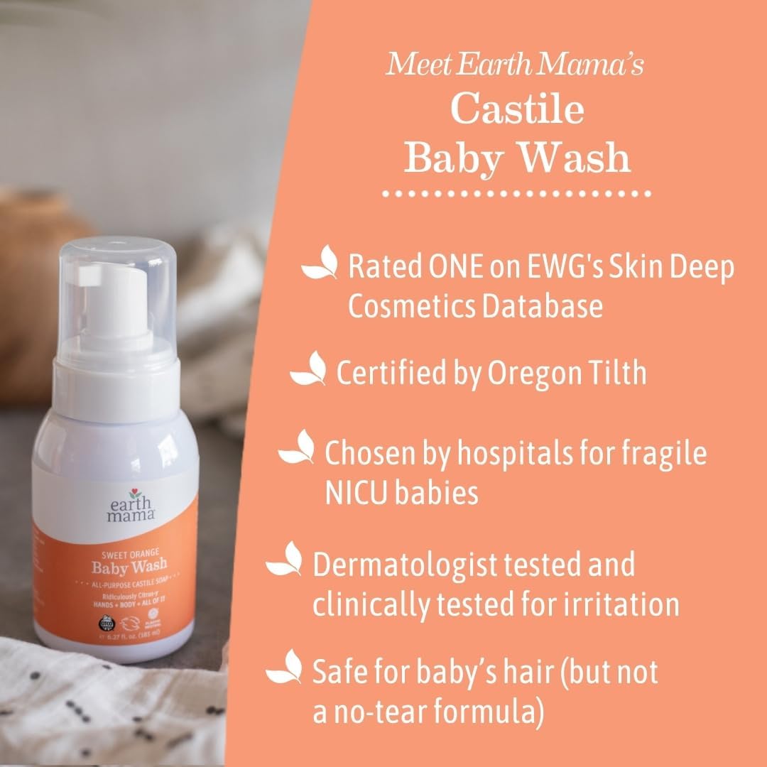 Earth Mama Baby Liquid Wash Foaming Hand Soap, Organic All Purpose Body Wash for Sensitive Skin, Castile Soap with Coconut Oil, Shea Butter, Calendula, & Aloe, Sweet Orange, 6.27 Fl Oz (Pack of 1)