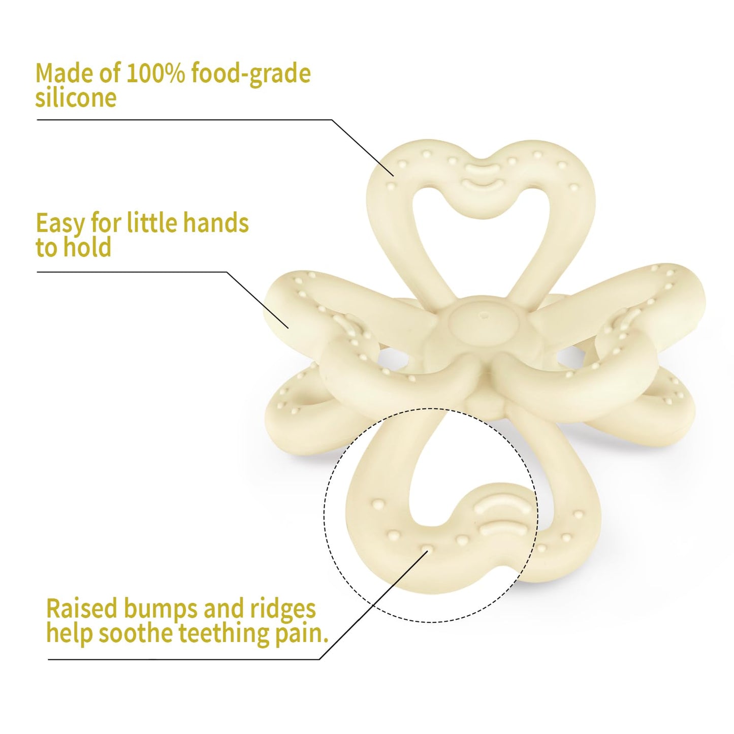 Haakaa Silicone Clover Teether Toy - Food Grade Silicone Teething Toys for Babies 3-6 Months 6-12 Months, Soft & Easy Hold Chew Toy for Infant, BPA Free (Oat)