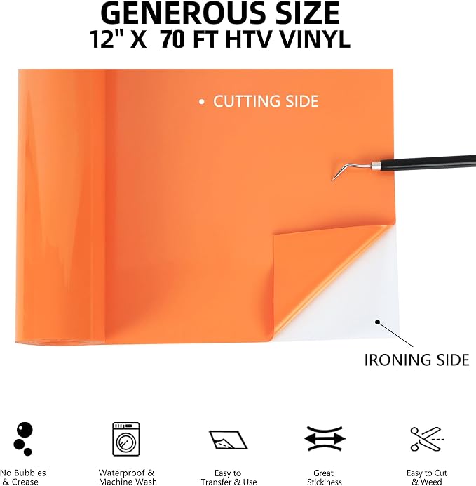 FUNKAKA Orange HTV Heat Transfer Vinyl Rolls, Adhesive HTV Vinyl