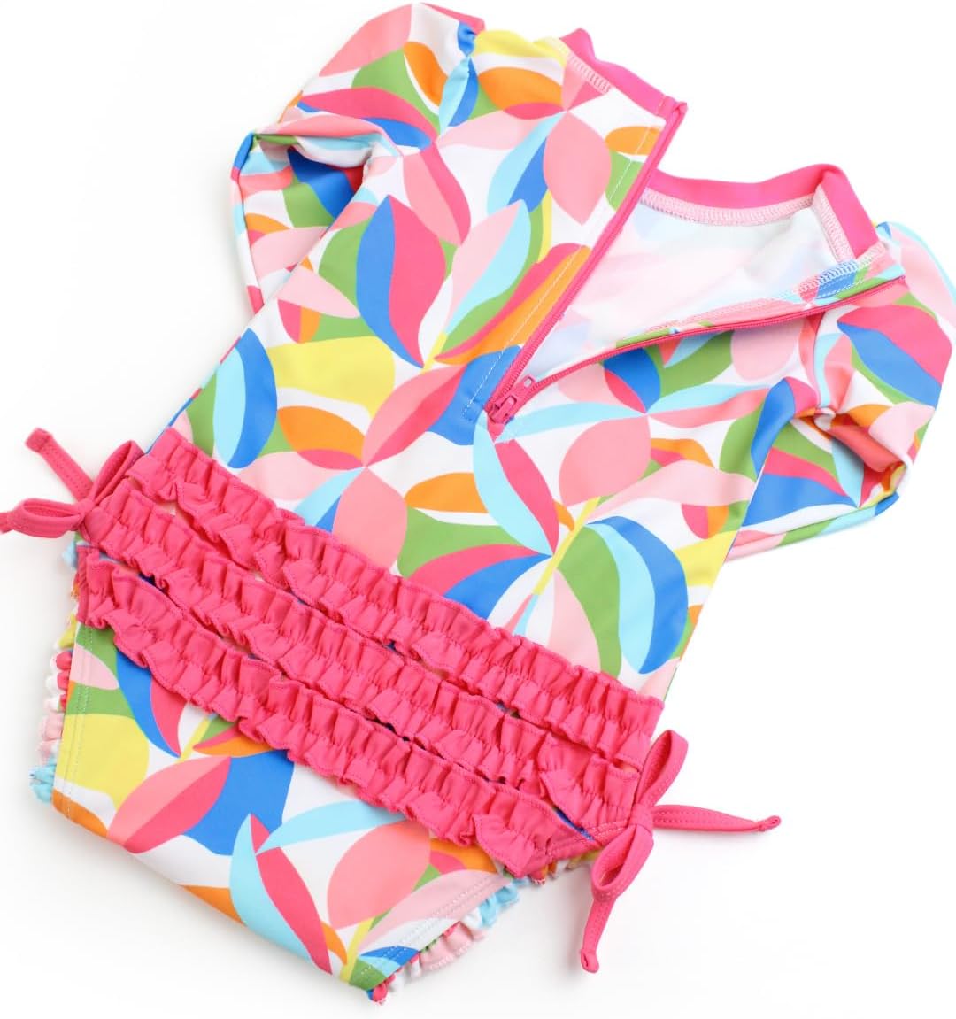 RuffleButts Baby Girls UPF 50+ Sun Protection Novelty Print Long Sleeve One Piece Rash Guard Swimsuit with Zipper