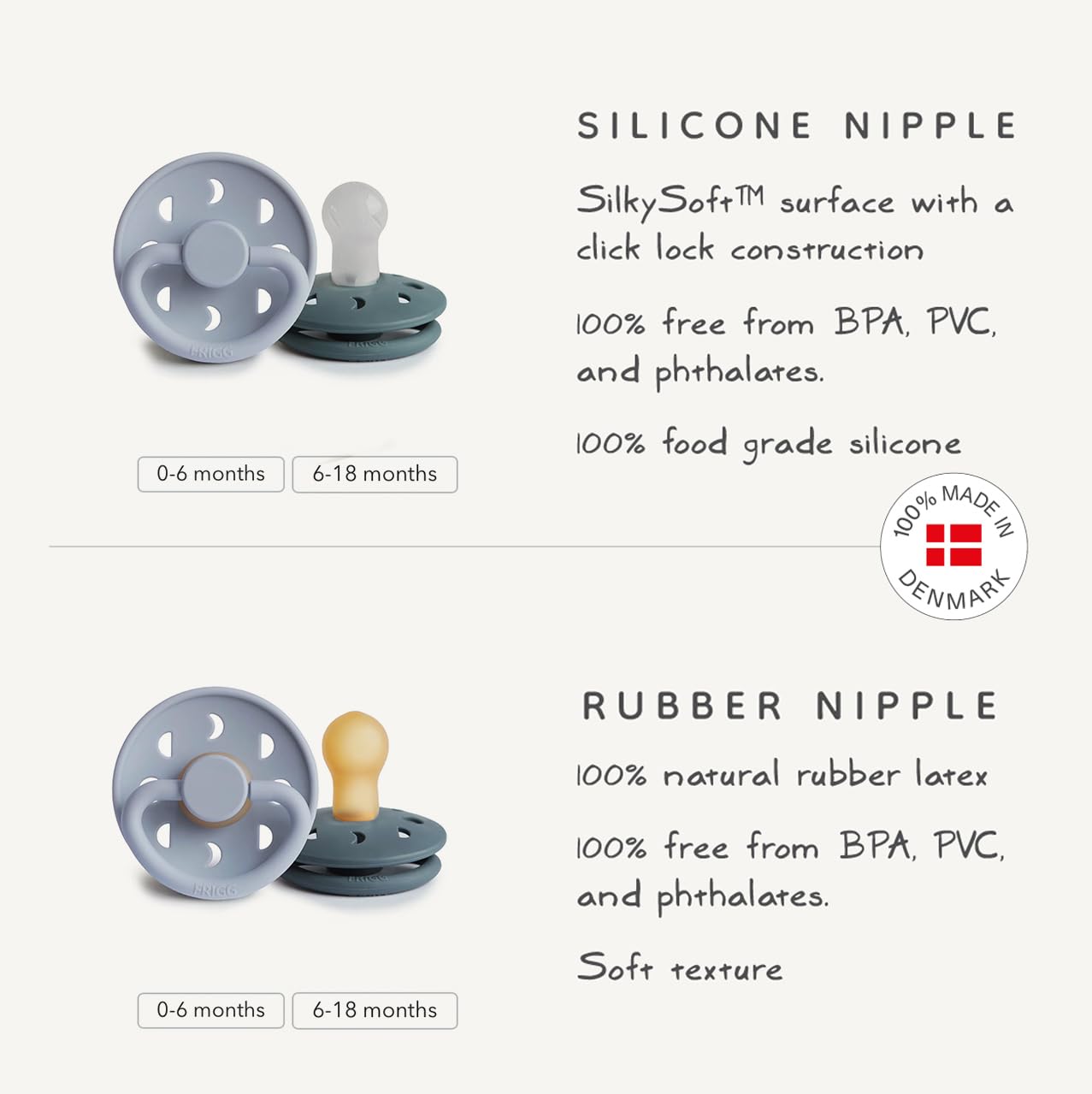 FRIGG Moon Natural Rubber Baby Pacifier | Made in Denmark | BPA-Free (Sage/Portobello, 0-6 Months) 2-Pack