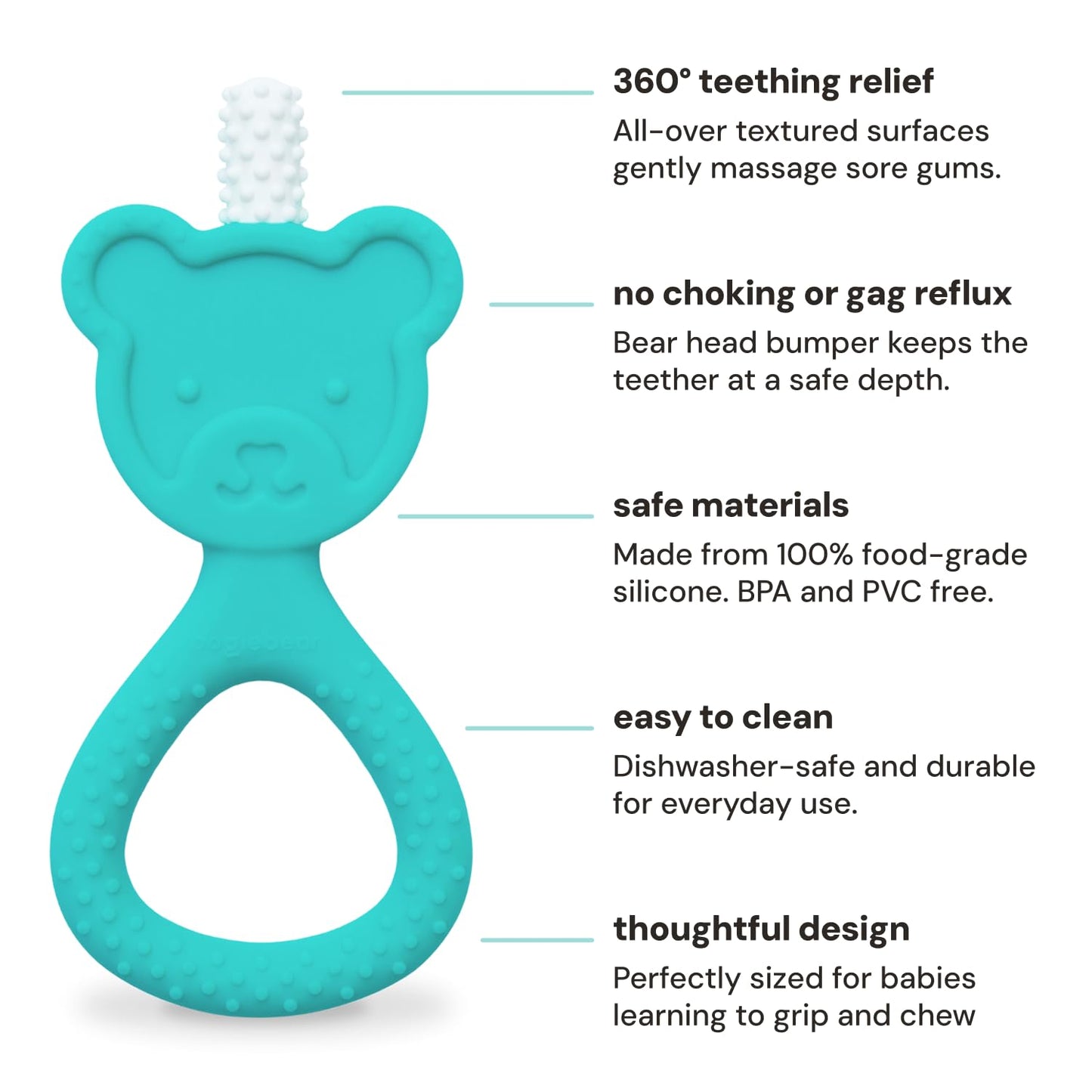 oogiebear 360˚ Teether - Safe Teething Toys for Babies 3 Months and Older | Soft Bristle Teddy Bear Silicone Teether | Super Soft BPA-Free Silicone - Seafoam