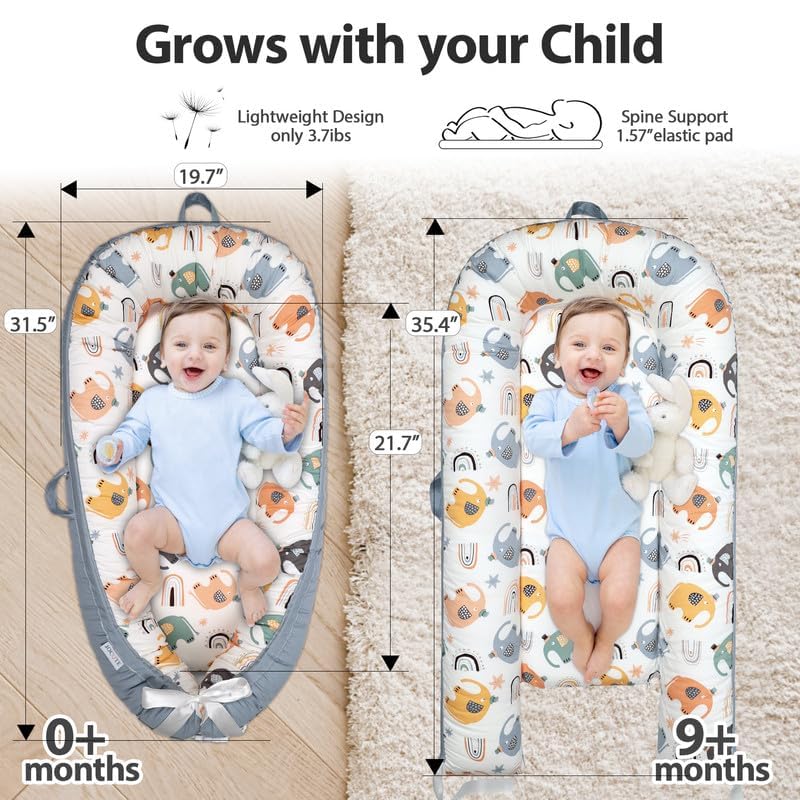 Organic Cotton Baby Lounger – Reversible, Portable, Soft & Breathable with Washable Cover | Perfect for Awake-Time Use Only - Big Elephant