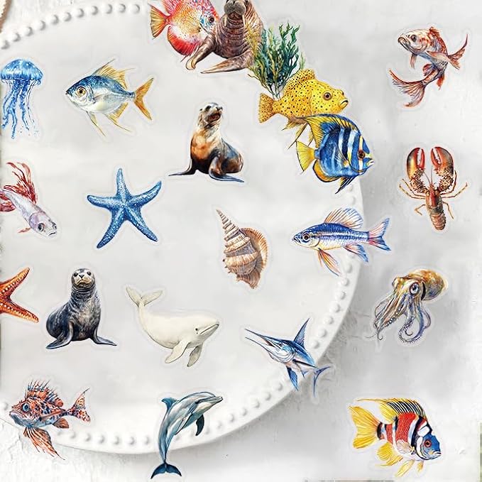 50Pcs Cartoon Marine Life Stickers Waterproof PET Water Bottle Decal Marine
