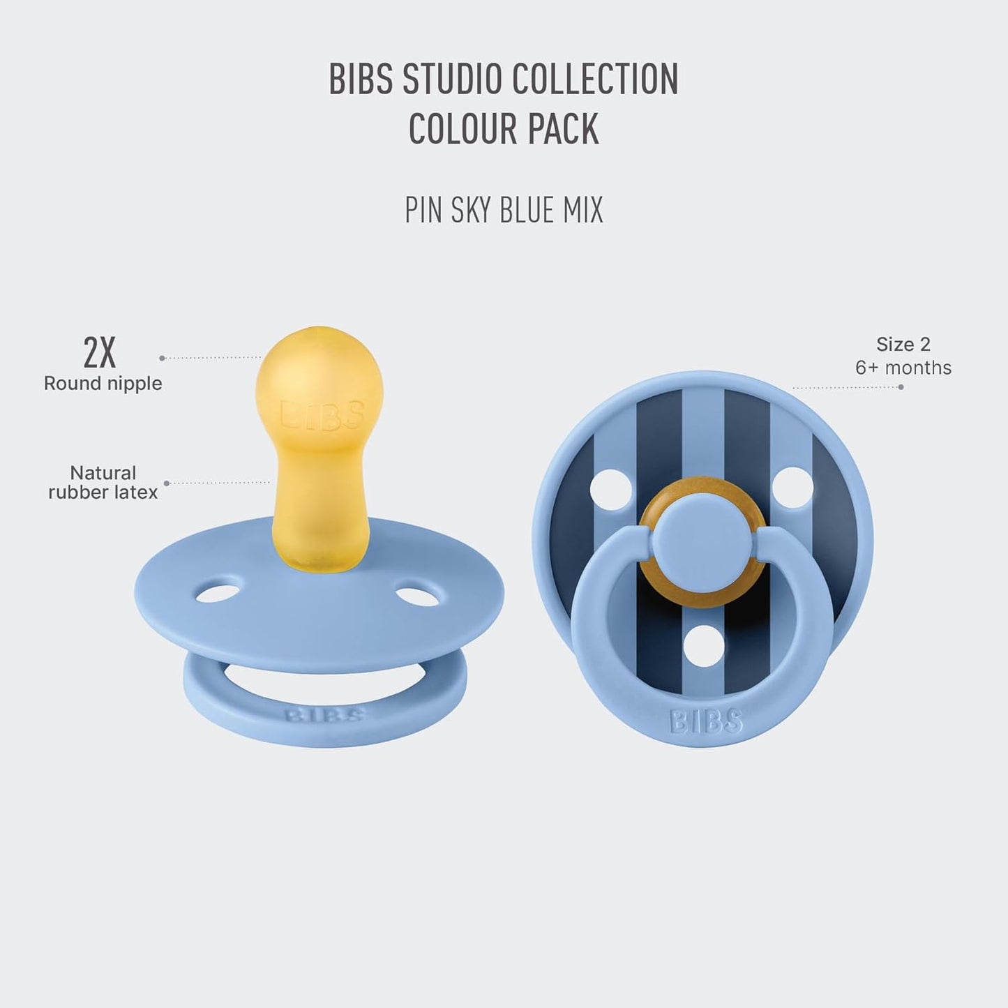 BIBS Pacifiers - Studio 2 Pack | Round Nipple Baby Pacifier | BPA Free Natural Rubber Latex Soother | Made in Denmark | Size 6+ Months | Pin Sky Blue