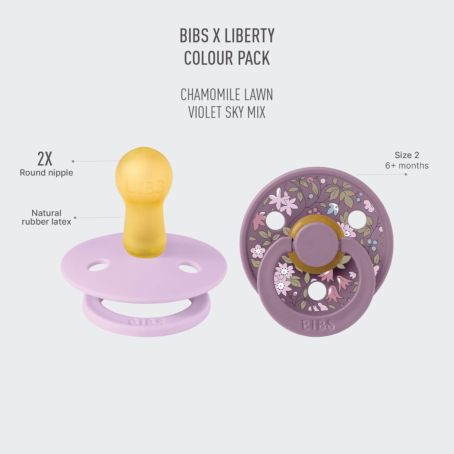 BIBS Colour Liberty Soother 2-Pack, BPA Free Dummy Pacifier, Round Nipple. Natural Rubber Latex, Made in Denmark, Size 2 (6-18 Months), Chamomile Lawn Violet Sky