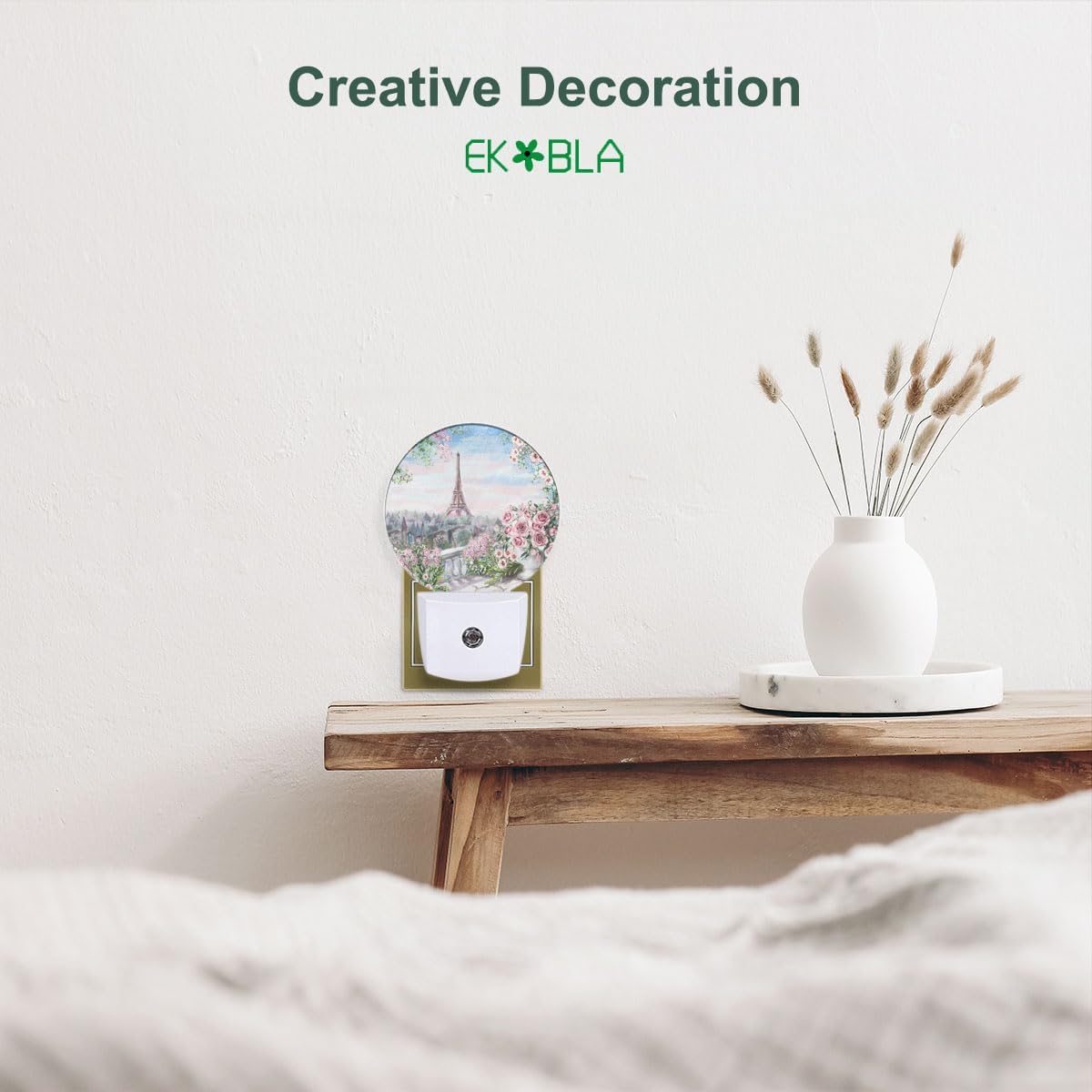 EKOBLA Watercolor Eiffel Tower Night Light Rose Flowers on The Balcony France Paris Landmark Plug-in Nightlights Auto Sensor Plug-in LED Wall Light for Home Bedroom Living Room