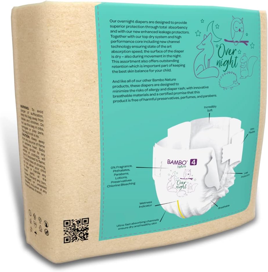 Bambo Nature Overnight Baby Diapers (Size 3 to 6), Size 4, 24 Count