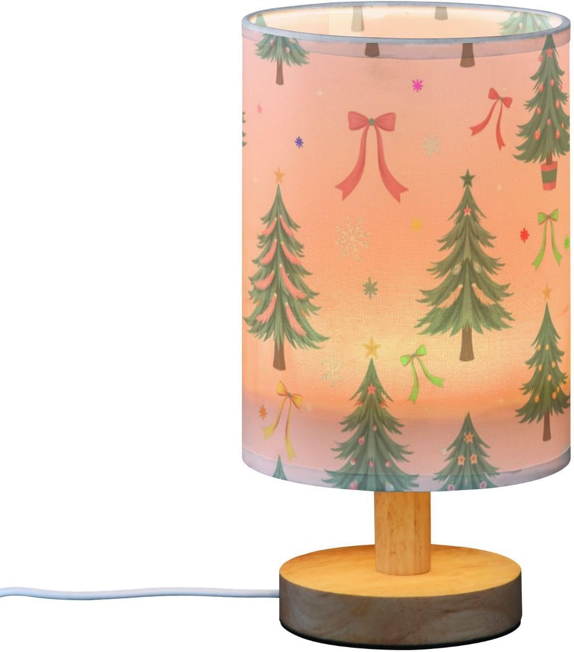 Christmas Trees Pink Bow Table Lamp Bedroom Bedside Night Reading Desk Lamps Cylinder Nightstand Sleeping Light Lamp for Xmas Party Living Room Office Decor