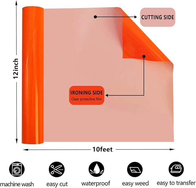 FUNKAKA Fluorescent Orange-Red HTV Heat Transfer Vinyl Rolls