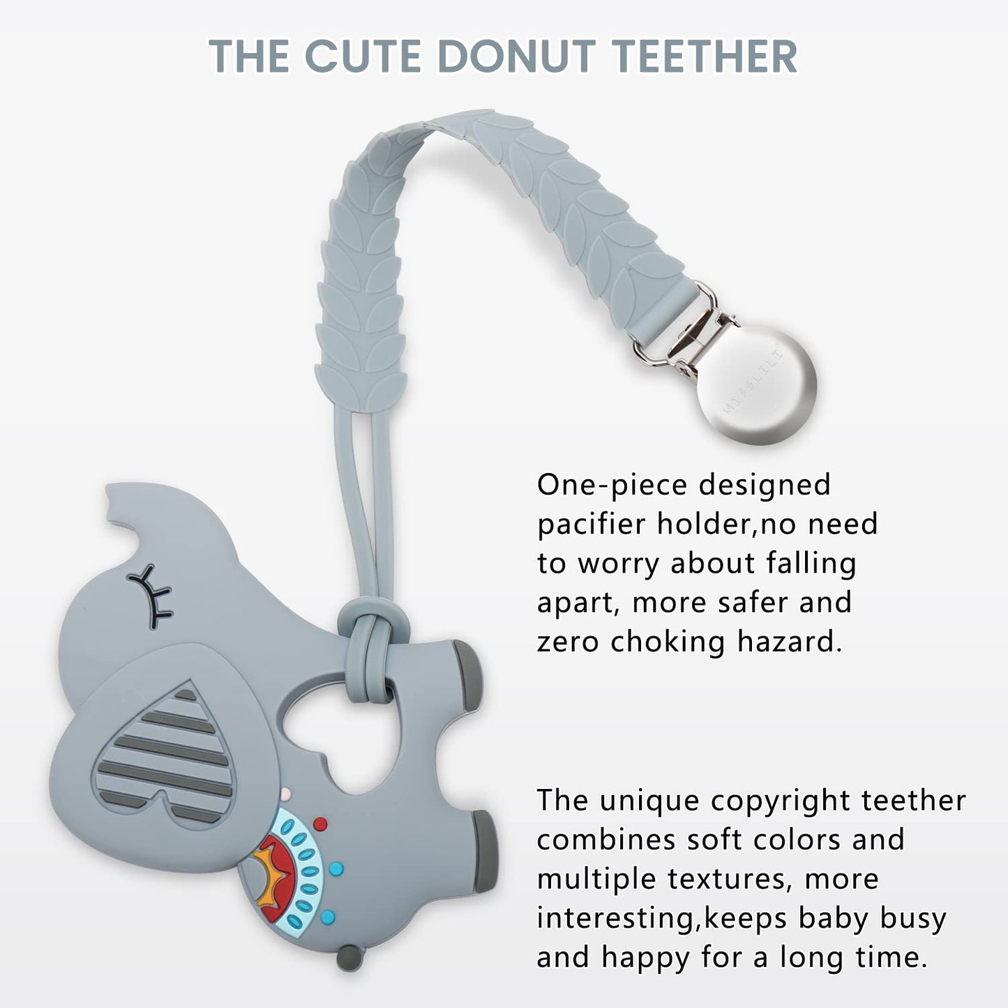 Teething Toys for Babies, Baby Teethers with Clip Silicone Baby Teether Toys for Boys and Girls Infant Teething Relief for Teething Elephant Shape, Gray