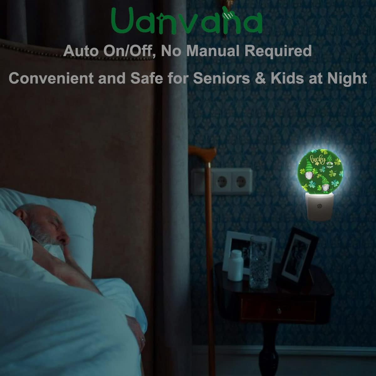 St Patrick Day Cute Gnomes Night Light Lucky Four Leaf Clover Green Night Lights Plug into Wall with Light Sensors Auto on/Off for Holiday Gifts for Boys Girls Women Teen
