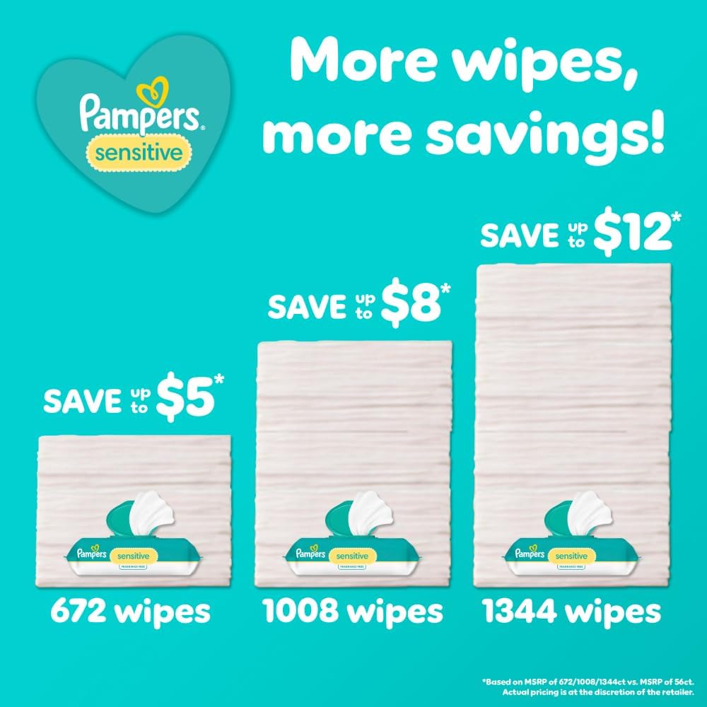 Pampers Baby Wipes, Sensitive, Water Based Wipe, Clinically Proven, Hypoallergenic, and Unscented for Babies, 336 Wipes Total (4 Flip-Top Packs)