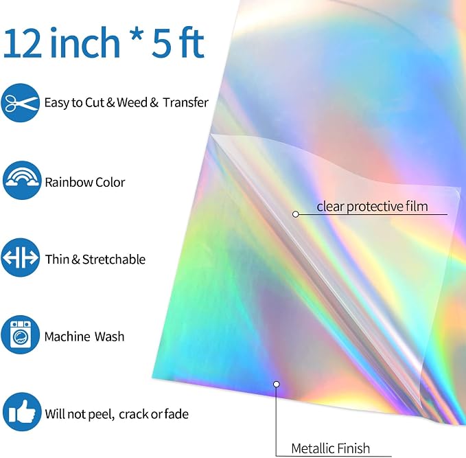 VINYL FROG Silver Holographic Heat Transfer Vinyl 12" x5ft Silver HTV Vinyl