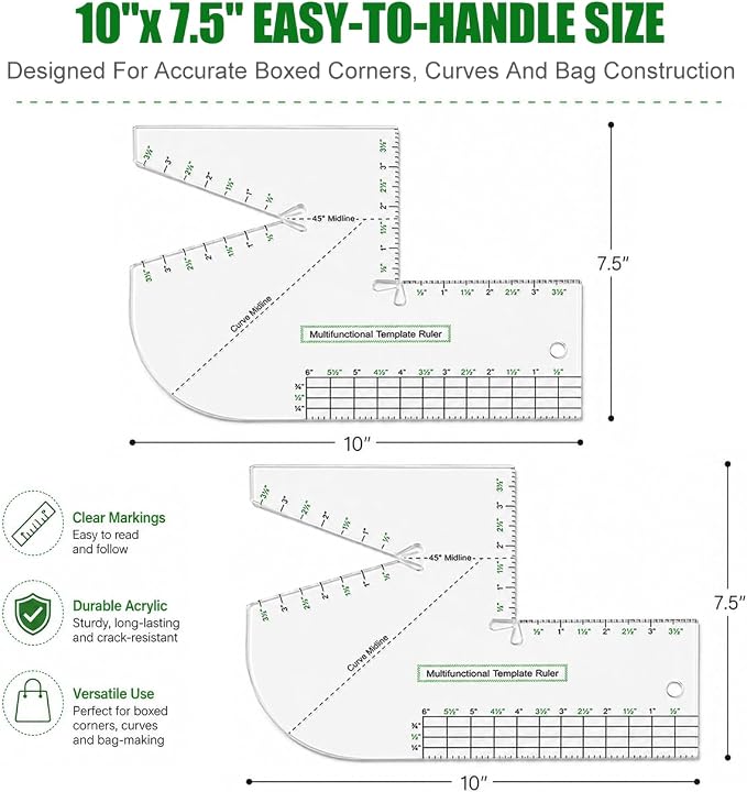2 Pack Boxed Bag Making Template, 7.5x10 Inch Acrylic Patchwork Ruler Sewing