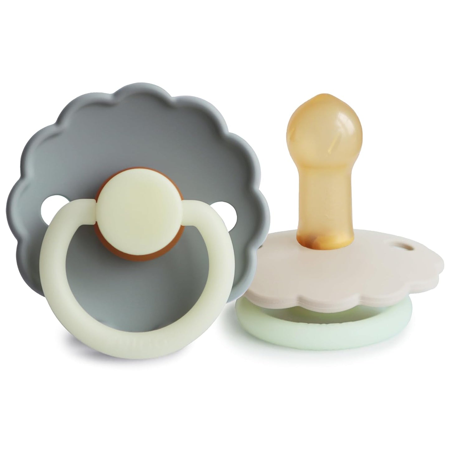 FRIGG Daisy Night Natural Rubber Baby Pacifier | Made in Denmark | BPA-Free (French Gray/Croissant, 6-18 Months) 2-Pack