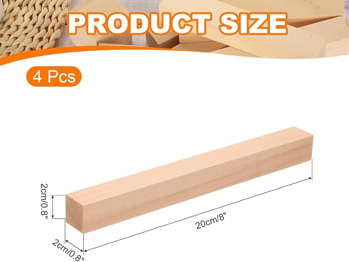MECCANIXITY 4Pcs Basswood Carving Block, 0.8"x0.8"x8" Square Wooden Dowels