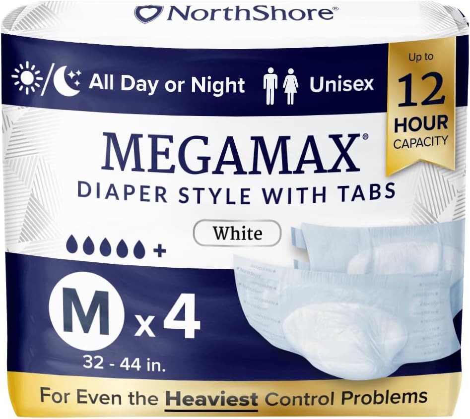 NorthShore MegaMax Adult Overnight Diapers, 12-Hour Tab-Style, Medium, 4 Count Starter Pack, White, 32-44 inches, Unisex Incontinence Underwear